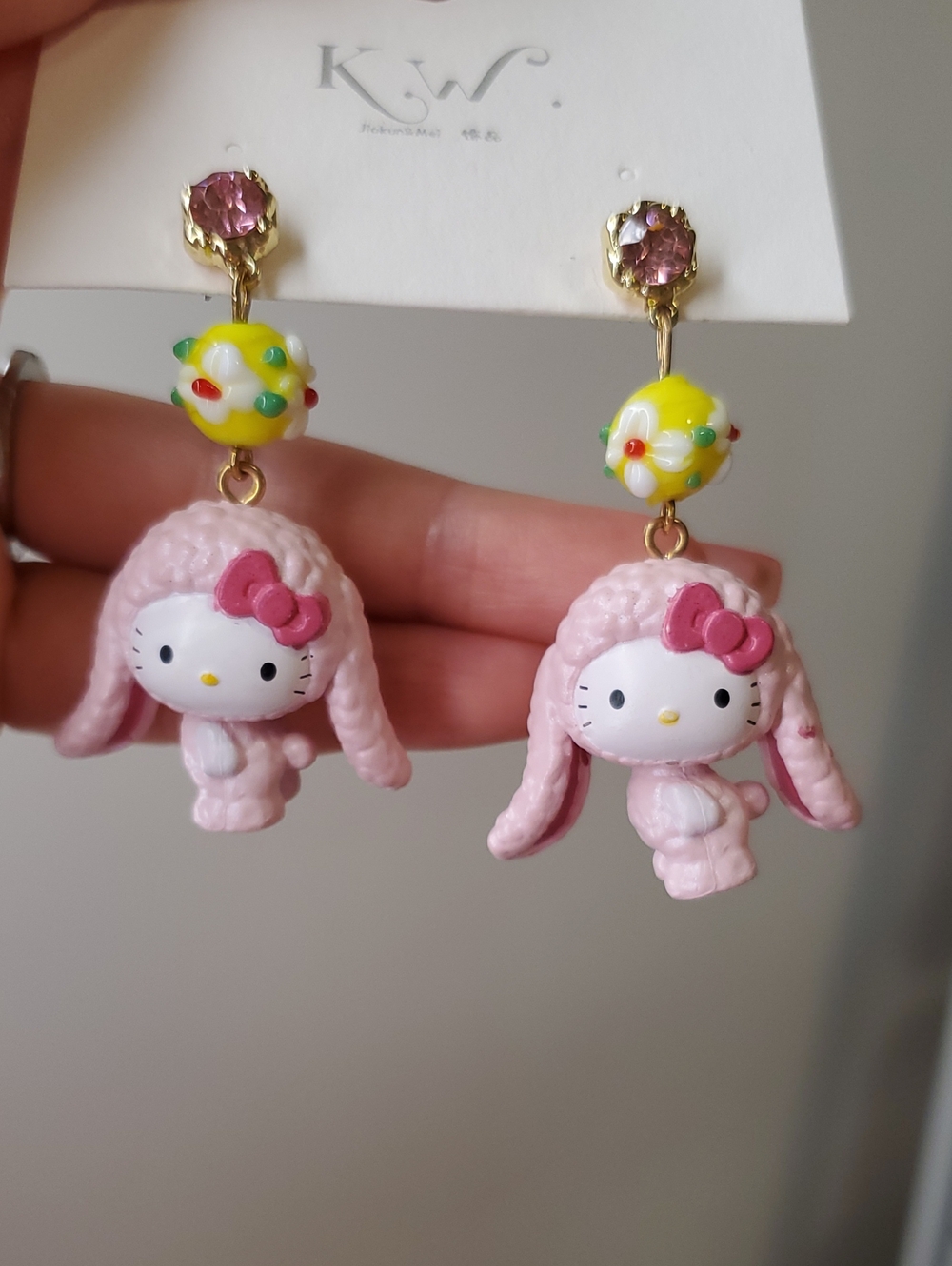 Sanrio Pink Hello Kitty Lamb Drop Earrings with Yellow Bead Accents